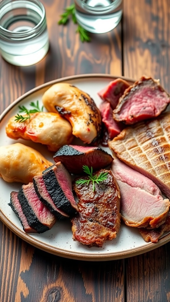 A plate of assorted meats representing the Carnivore Diet, with a rustic table setting.